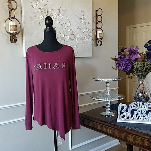 Burgundy Asymmetrical Long Sleeves Embellished Top By Tahari. Size L - Picture 5 of 17